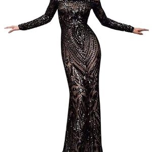 Black Sequined Long Sleeve Evening Prom Gown